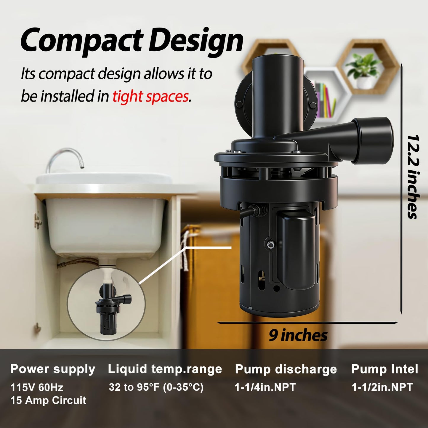 Automatic Utility Sink Pump 1/3 HP Directly Installed Under Sink, Gravity-free Drainage utility pumps for Laundry & Basement, Drain Screen, Check Valve and Ball Valve(115V)