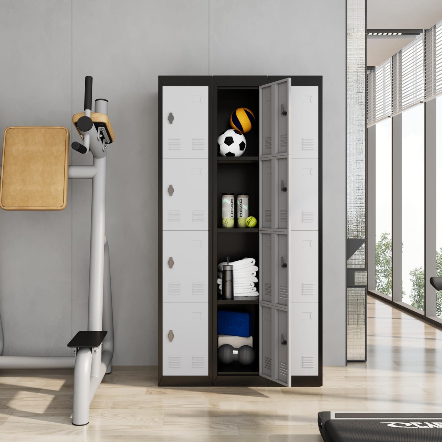 GarveeTech 72’’ Metal Storage Cabinet with 4 Door, Lockers for Employees Students with Shelves, Metal Storage Steel Locker for School Office Gym Home Warehouse, Assembly Required, Grey+Black
