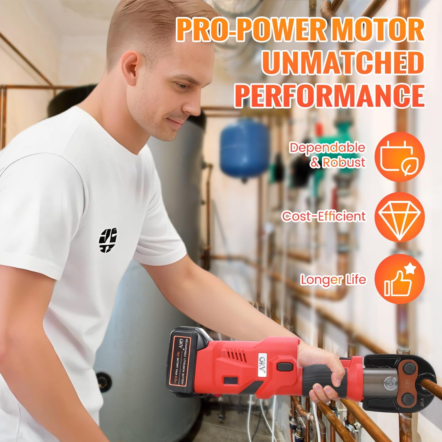 GKV Press Tool 18V Electric Crimper,Press Tool for Copper Pipe with 3 Jaws (1/2" 3/4" 1"), Includes 2×4Ah Batteries & Fast Charger (4063-D)