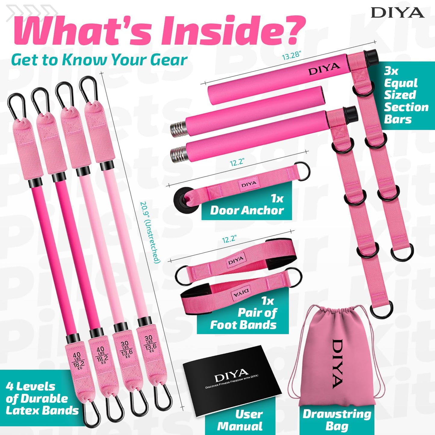 DIYA Pilates Bar Kit with Resistance Bands 140 lbs – Adjustable Portable Home Gym Workout Equipment for Women & Men – Full Body Fitness Bar for Legs, Glutes, Arms, Core & Back