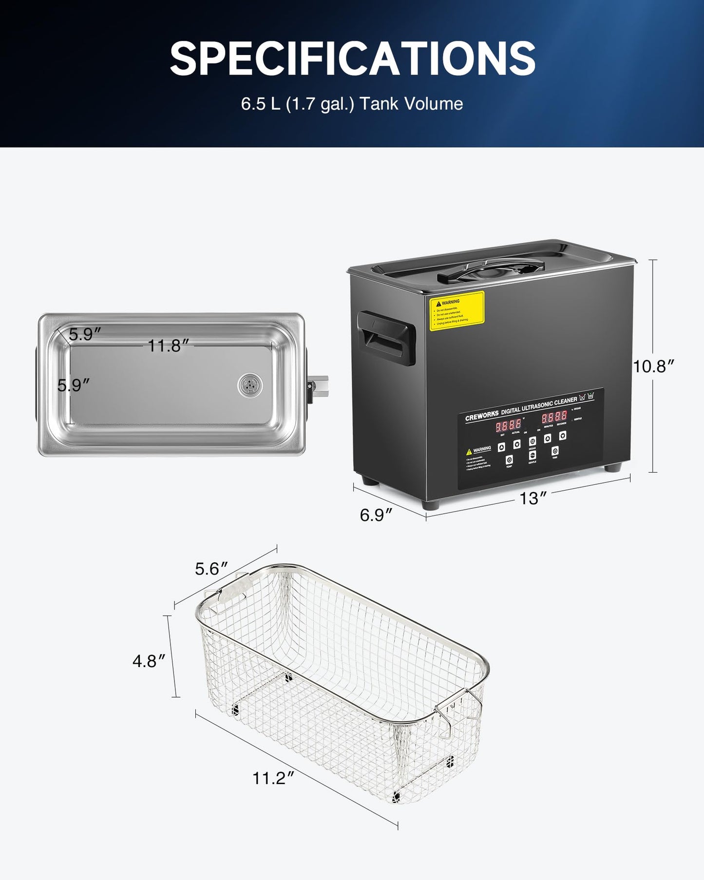 CREWORKS 6L Digital Ultrasonic Cleaning Machine with Degas and Gentle Mode, 180W Ultrasonic Cleaner Machine with Heater and Timer, 1.6 gal Ultrasound Cleaner for Retainer Jewelry Lab Tool Auto Part
