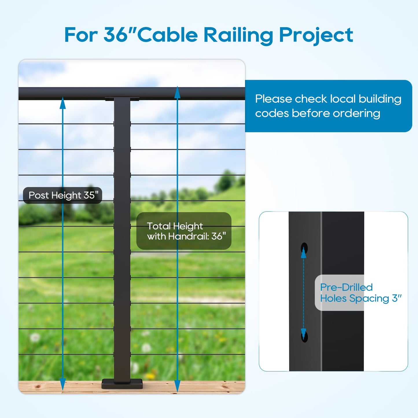 Level Drilled Cable Railing Post 36" (35"X2"x2"), Stainless Steel Black Square Deck Railing Post Flat Bracket, Pre-Drilled Level Holes Railing Post for Horizontal Cable System, Surface Mount Posts(4P)