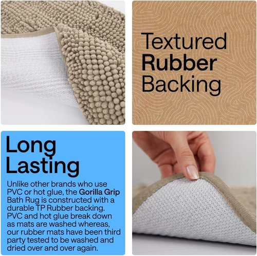 GORILLA GRIP Bath Mat - Thick, Soft, Absorbent Polyester with Rubber Backing | Quick Dry, Machine Washable, 107x61 cm, Beige