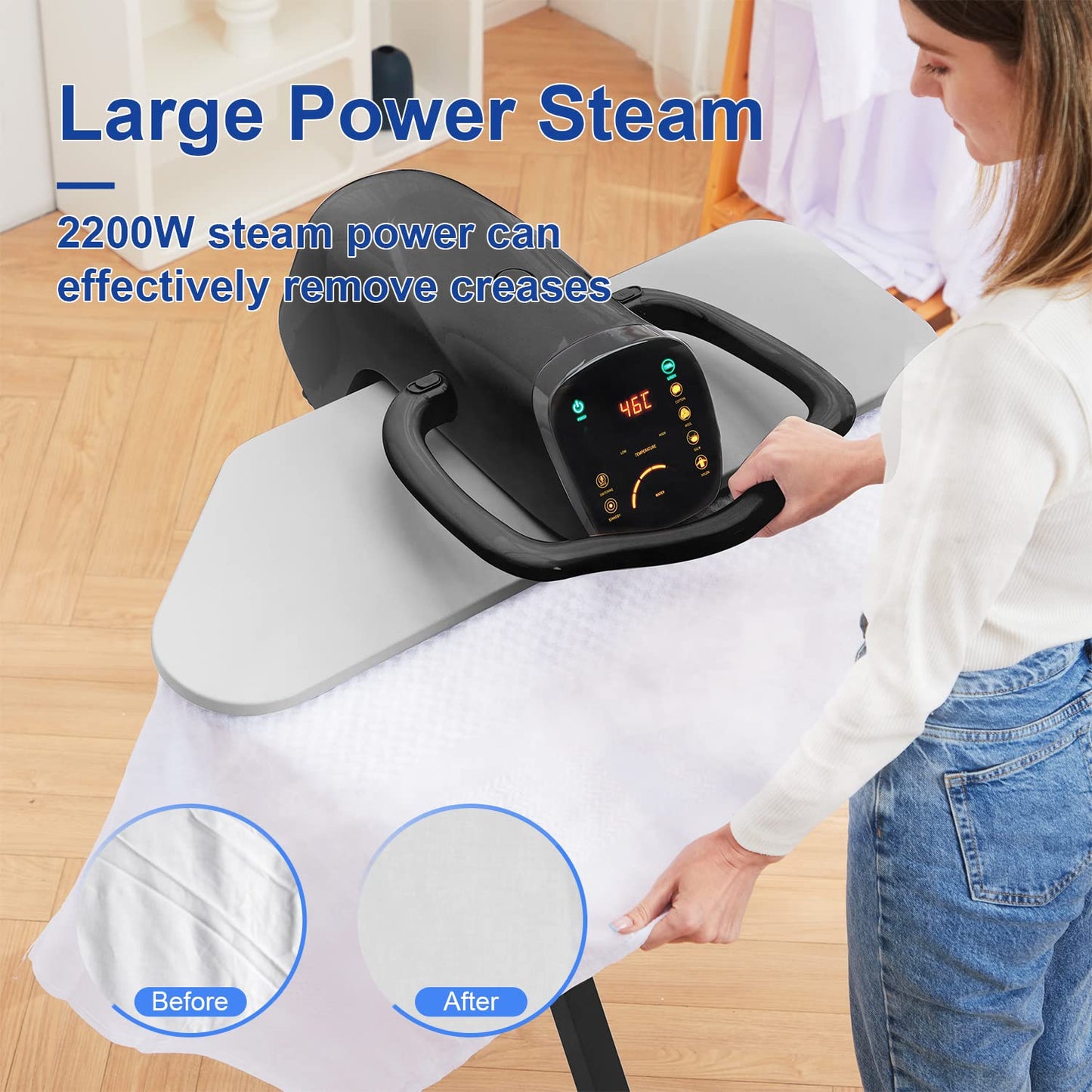 42" Large Steam Iron Press with LED Touch Screen, 1800W Steam Press with 5 Fabric Settings Language Conversion and Voice Prompts, Iron Press with Spray Bottle and Press Pad for Home Business