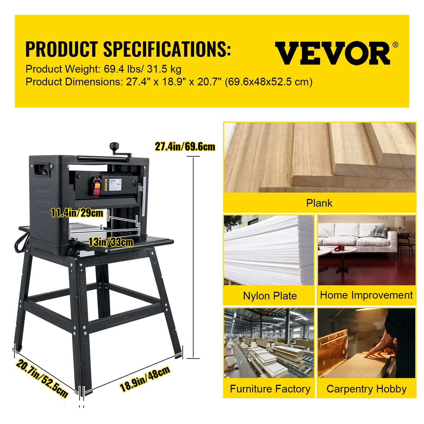 VEVOR Thickness Planer - 13-Inch Benchtop Wood Planer, 2000W, 8000 rpm, 15 AMP, Foldable, 6m/min Planing Speed, Iron Stand, Dust Exhaust for Woodworking