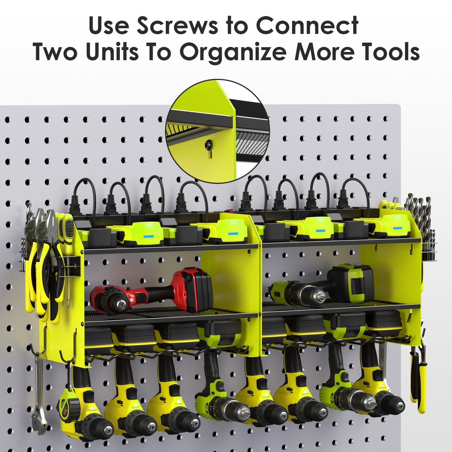 CCCEI Modular Power Tool Organizer Wall Mount Charging Station, Green 6 Drills Holder with 8 Plug Power Strip 10FT, Garage Drill Battery Heavy Duty Metal Shelf, Utility Rack with Hooks, Side Storage.