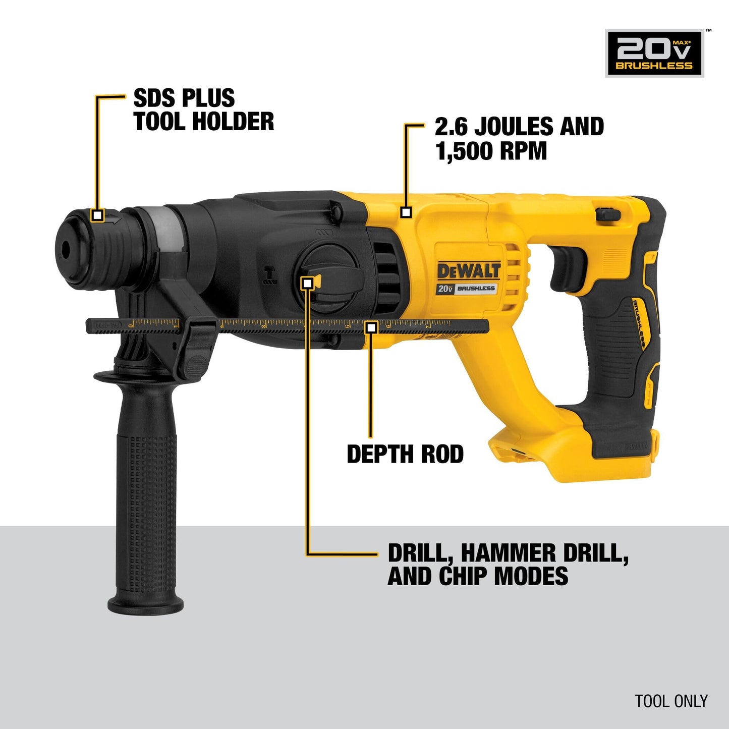 DEWALT 20V MAX SDS Plus 1 Inch Cordless Rotary Hammer with D-Handle, Bare Tool Only (DCH133B)