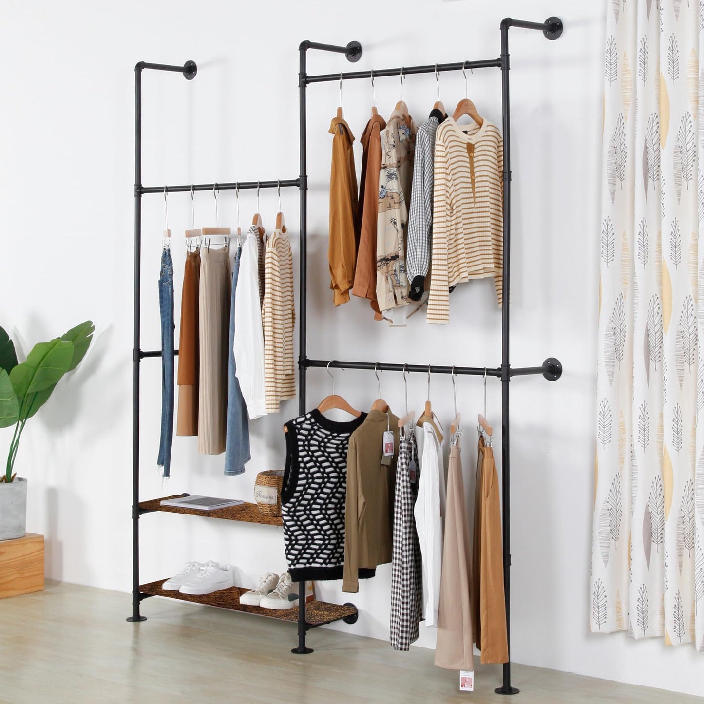 EDCB Industrial Pipe Clothing Rack Wall Mounted - Heavy Duty Wood Shelves Garment Display for Bedroom/Retail Stores, Steampunk Clothes Hanger Organizer, Black(91.7X74.8inch)
