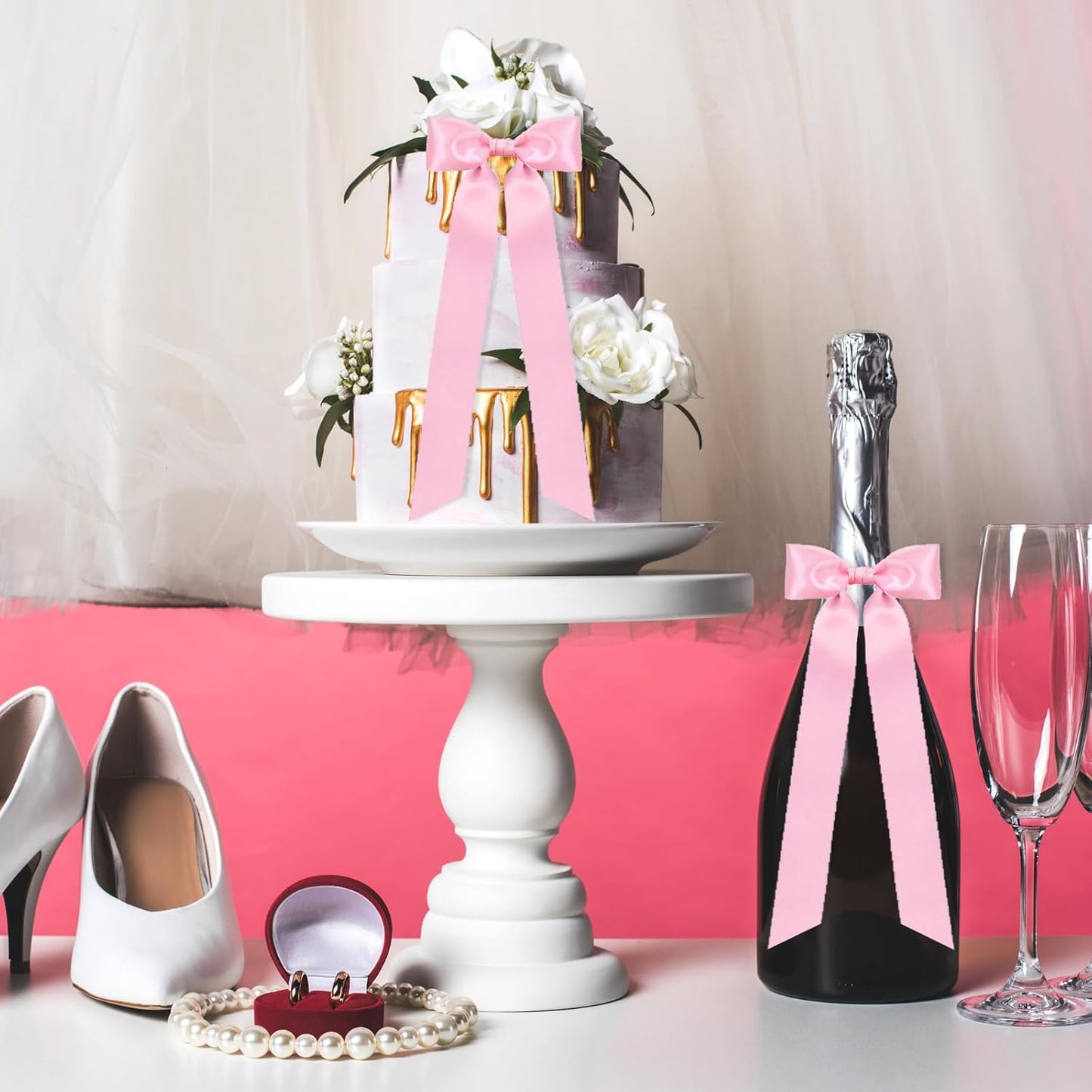 Skiennix 24-Piece Large Pink Candlestick Decoration Bows - Self-Adhesive Gift Wrapping Bows | 13 Inches for Weddings & Parties