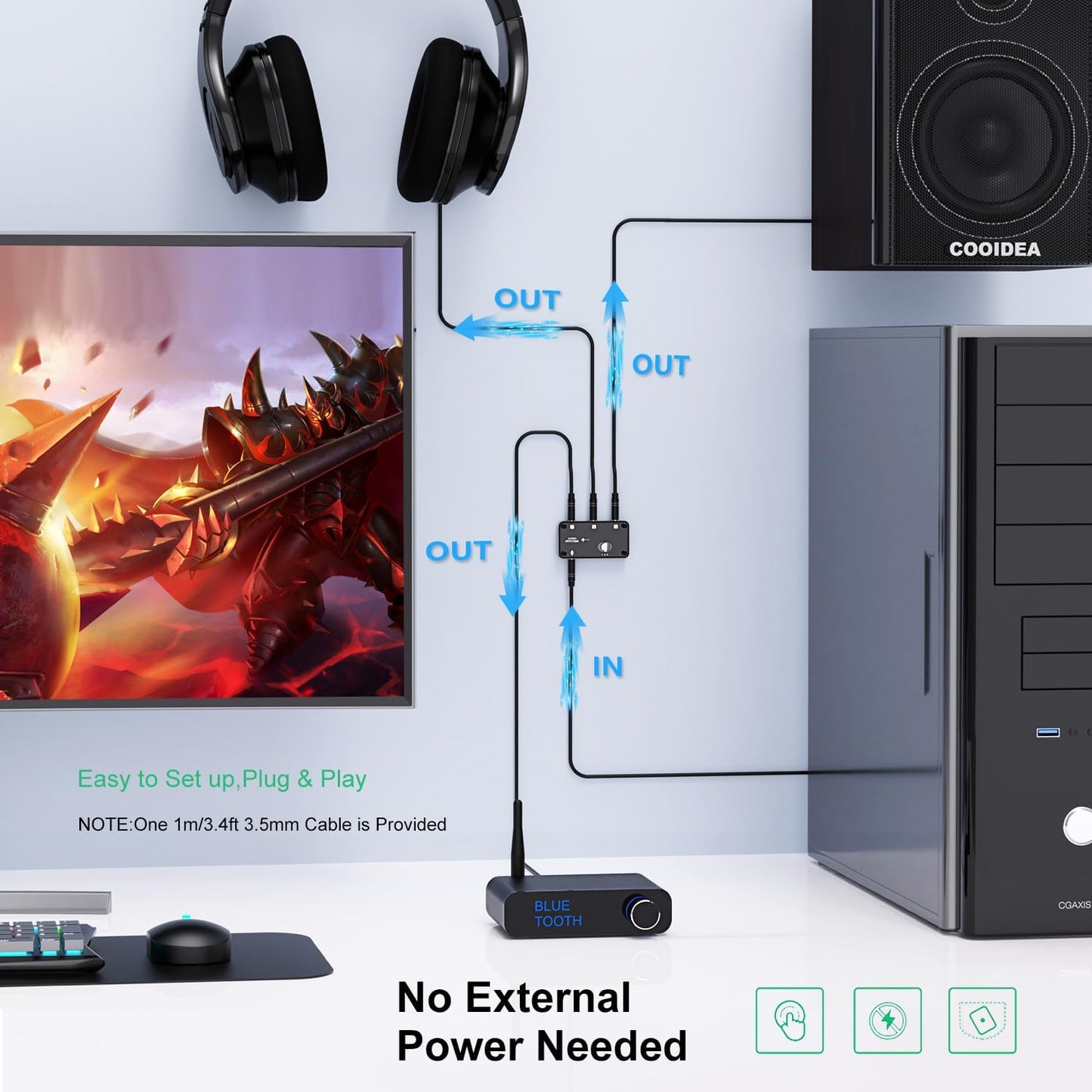 cooidea 3.5mm 1 3 3 1 3.5mm 3 Stereo Audio Switcher Support in Out or in Out with Audio Cable, Ports AUX Audio Speaker
