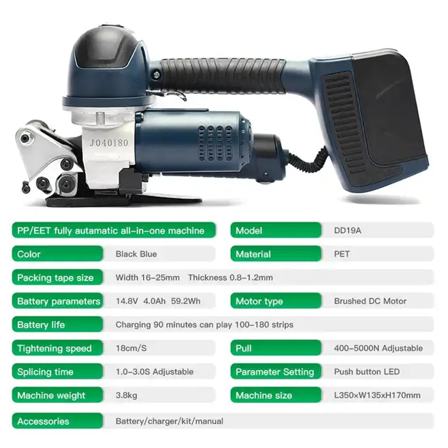 HIGHTOP 6000N Force Automatic Strapping Machine DD19A Electric Baler Strapping Machine for 13-19Mm Width PP/PET Straps, Box Pallet Automatic Baler 4000mah*2 Battery Powered Plastic Strapping Tool