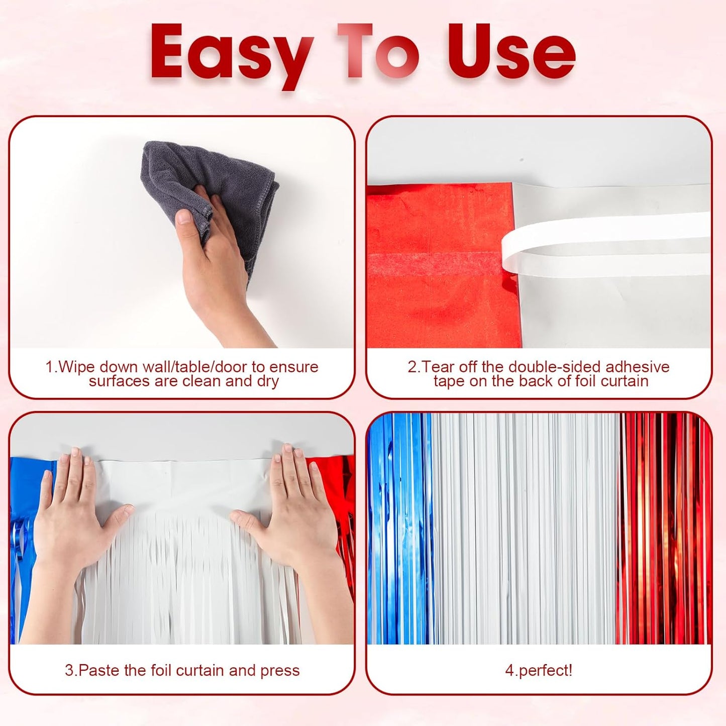 Voircoloria Red, White & Blue Foil Fringe Backdrop Curtains - 3 Pack Tinsel Streamers for Patriotic Celebrations