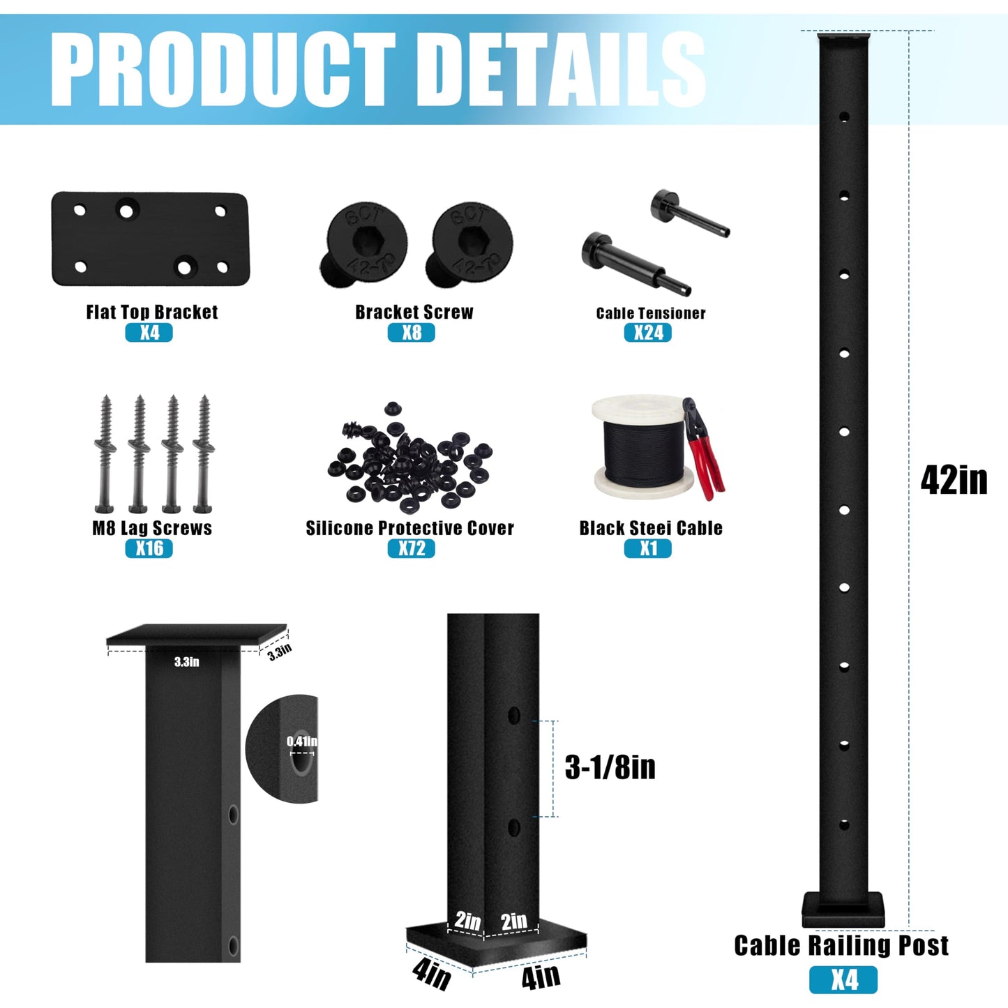 Patavin 15FT 42" Complete Black Cable Railing Post Kit 4 line Post Kit -Cable Railing System for Deck Easy DIY (No Handrail)