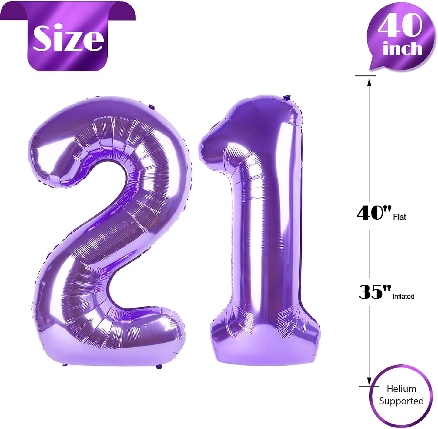 Purple Number 21 Balloon - 40 Inch Birthday Decoration for 21st Party Supplies