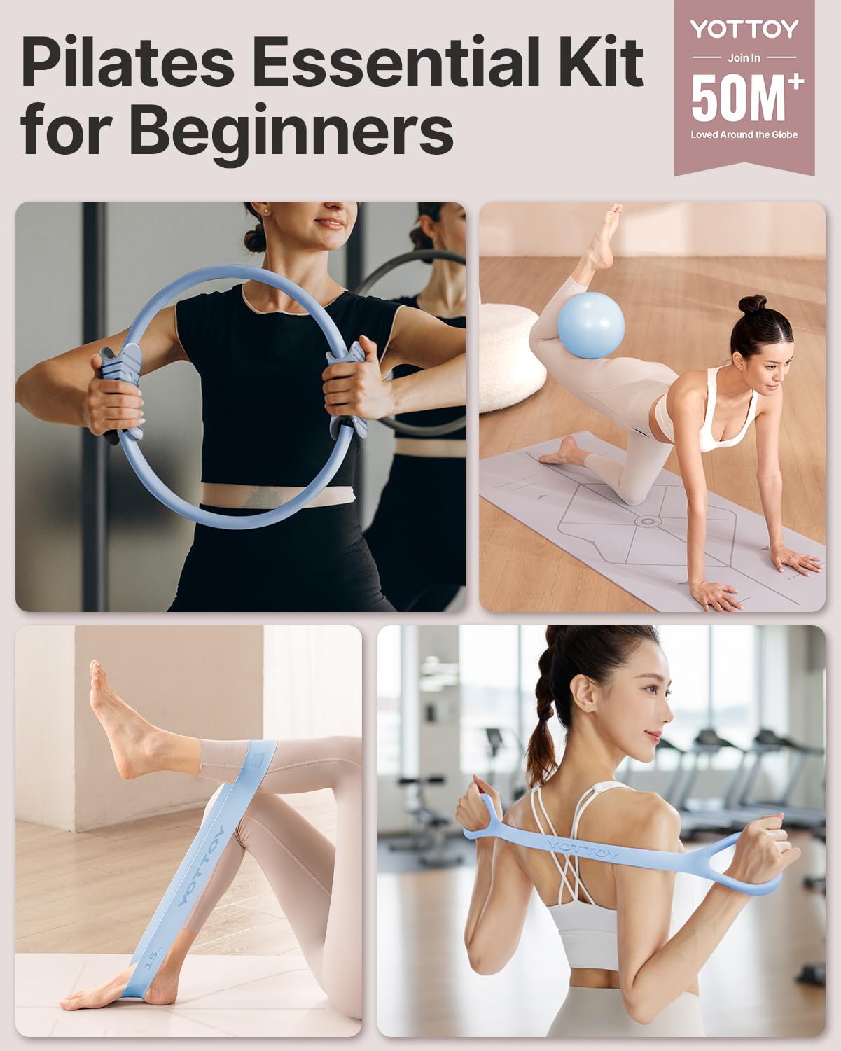YOTTOY 13.5 Inch Pilates Ring and Ball Set, Figure 8 Resistance Bands, Stretch Bands&Guide,Pilates Equipment Set for Beginners for Home Workouts Core Strength, Yoga, Physical Therapy & Rehab, Blue