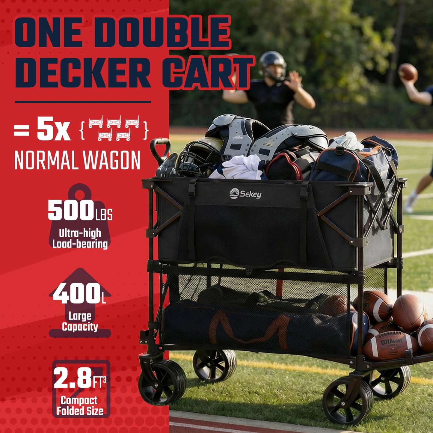 Sekey 500LBS Heavy Duty Double Decker Wagon with Extender, 400L Large Capacity Collapsible Garden Cart Fits 10x10 Canopy, All-Terrain Big Wheels with Brakes, Foldable Utility Wagon for Sports, Camping