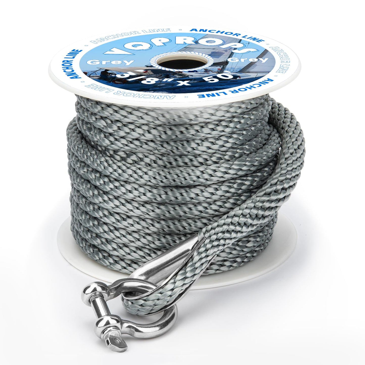 Anchor Line 3/8 inch 50ft. Grey Double Braided Nylon MFP Boat Anchor Rope ，with Stainless Steel Thimble and Shackle ，Anchor Line Fittings for Anchors and Boats Marine Rope