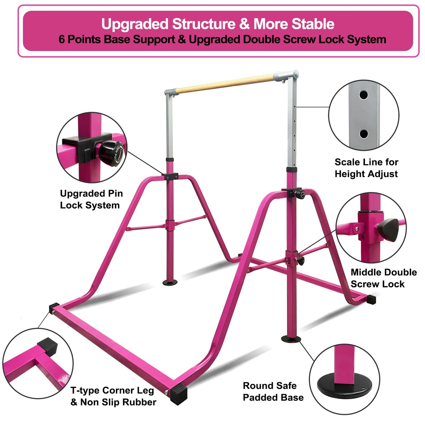 kechery Foldable & Moveable Gymnastics Horizontal Bar with Rings,3’to 5’Adjustable Height Expandable Junior Kip Bar for Home,Indoor Gym Equipment for Kids(Foldable Pink with Rings)