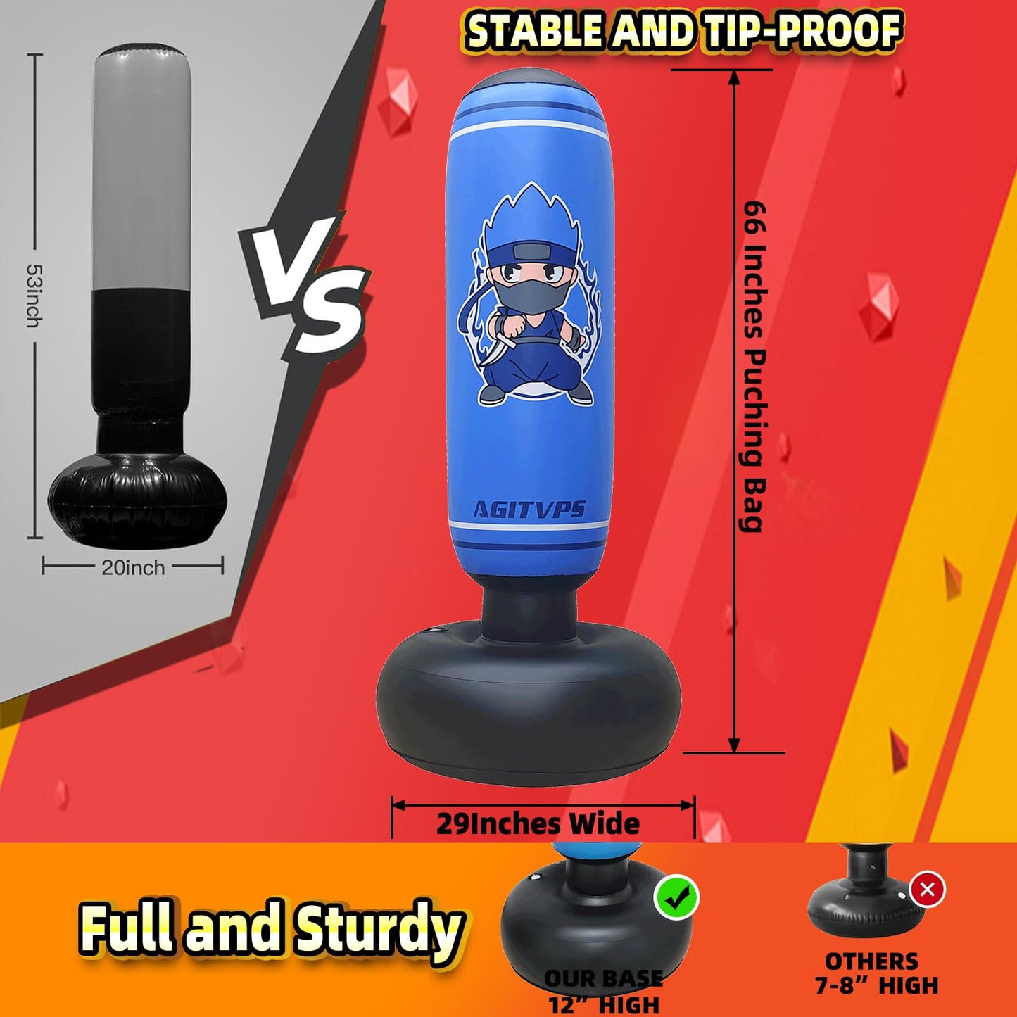 Inflatable Punching Bag Set, 66" Punching Bag for Boys & Girls Aged 8-12 with Kids Boxing Gloves, Super Air Pump | Suitable for Children's Daily Exercise, Happy Family Time (Dark Blue)