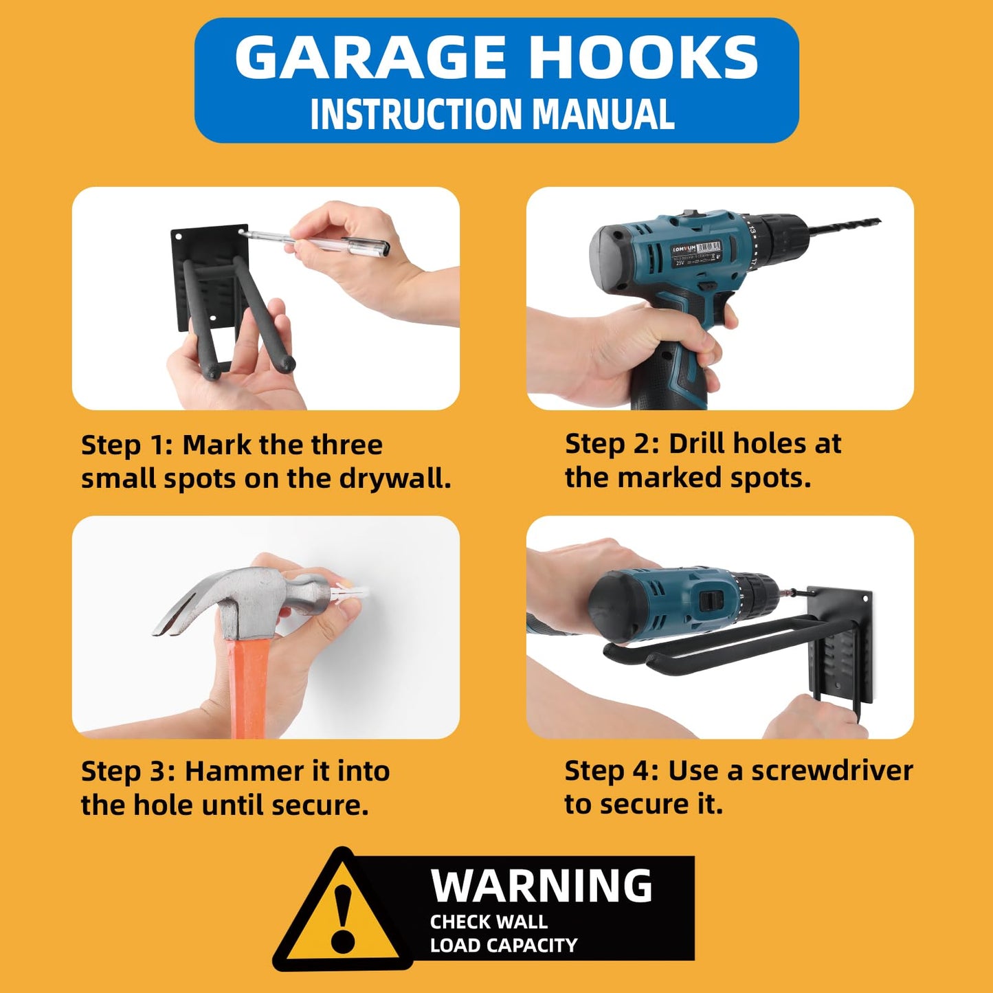 6 Pack Garage Hooks 10 INCH Heavy Duty Two-Tier Steel Shed Wall Mount Workshop Garage Storage Tool Organizer Hooks for Hanging Garden Tool, Hose, Ladder, Chairs, Bikes with Anti-Slip Coating