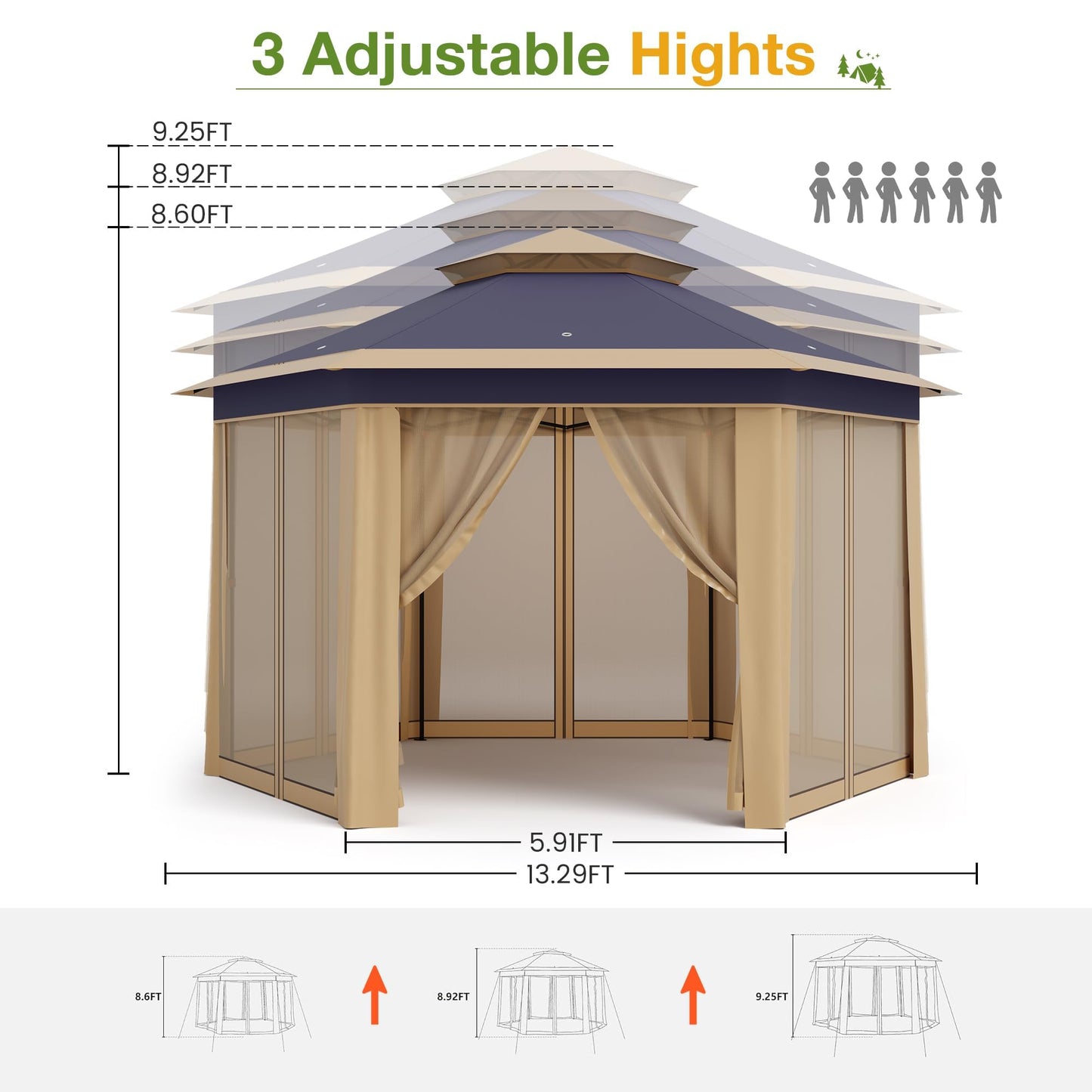 Pop Up Canopy Tent 13x13 Ft Instant Gazebo with Mosquito Netting Enclosure, Adjustable Outdoor Gazebo for Patio, Garden & Backyard Use with UV Protection & 3 Heights