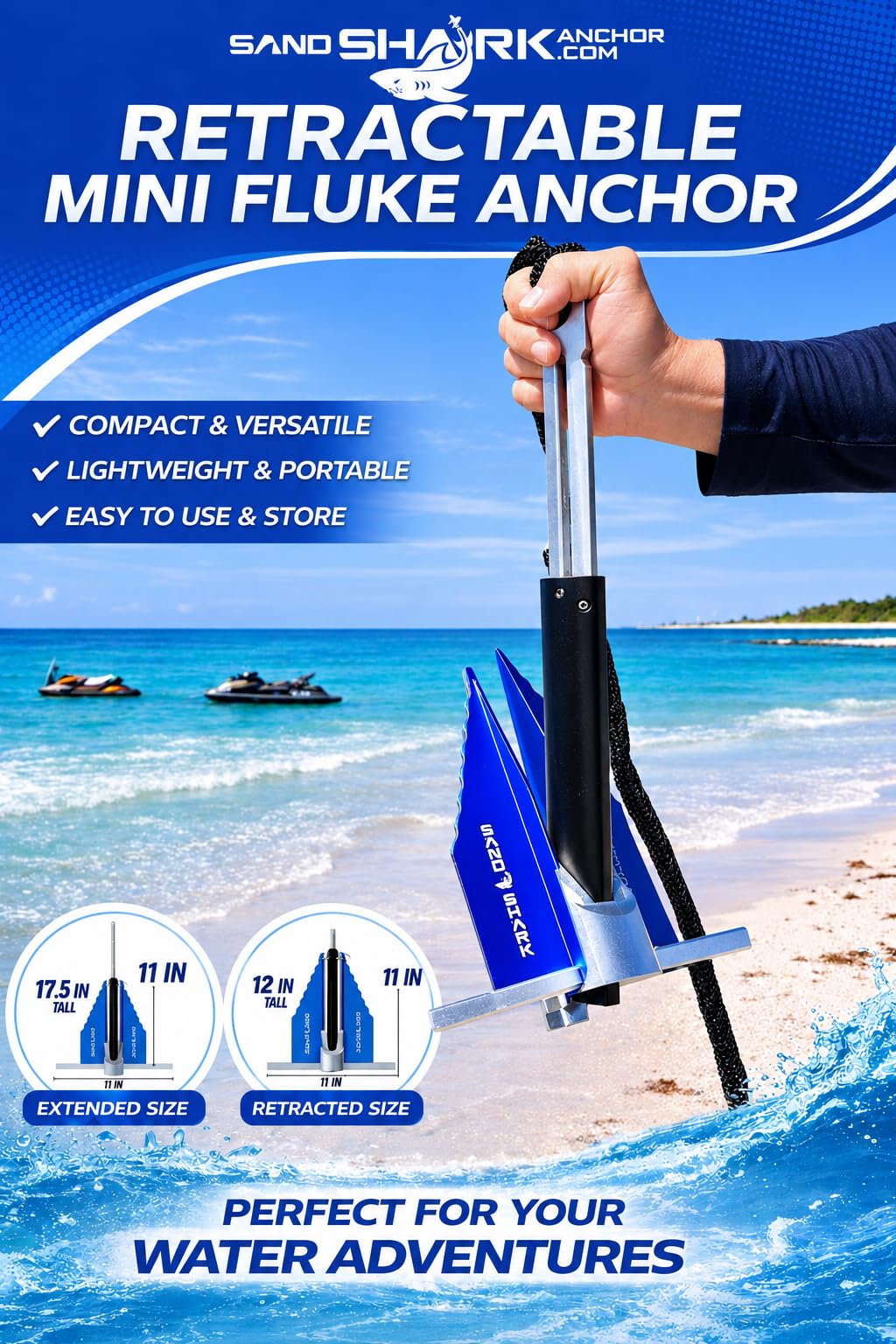 SandShark Premium Fluke Anchor-Retractable Shaft Easy Storage-Aluminum Pontoon Boat Anchor, Jet Ski Anchor. Boats<30 ft. Sand Anchor for Boat, Boat Anchor Kit, Lightweight. (Jet Ski Anchor)