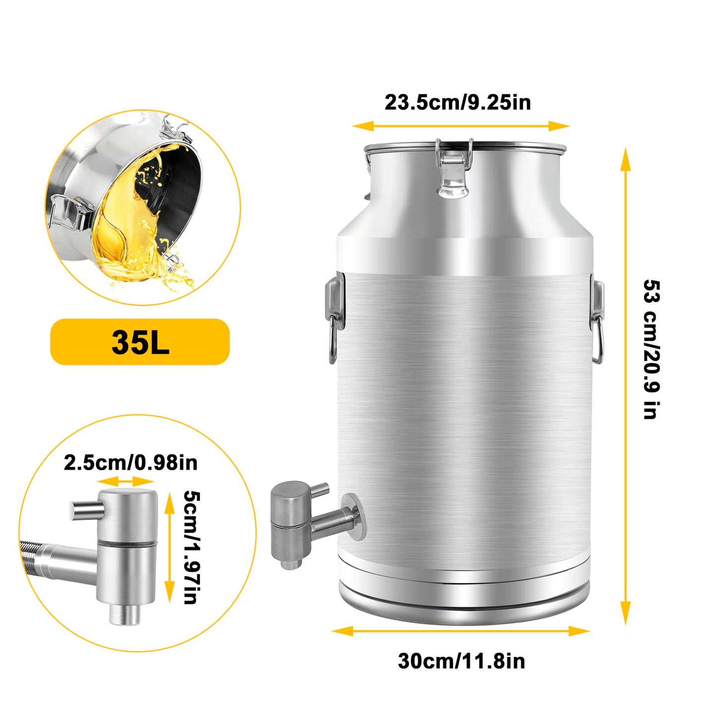 Togarhow 304 Stainless Steel Milk Can，35L Milk Bucket Wine Pail Bucket 9.25 Gallon Milk Can Tote Jug with Sealed Lid Heavy Duty for Milk and Wine Liquid Storage