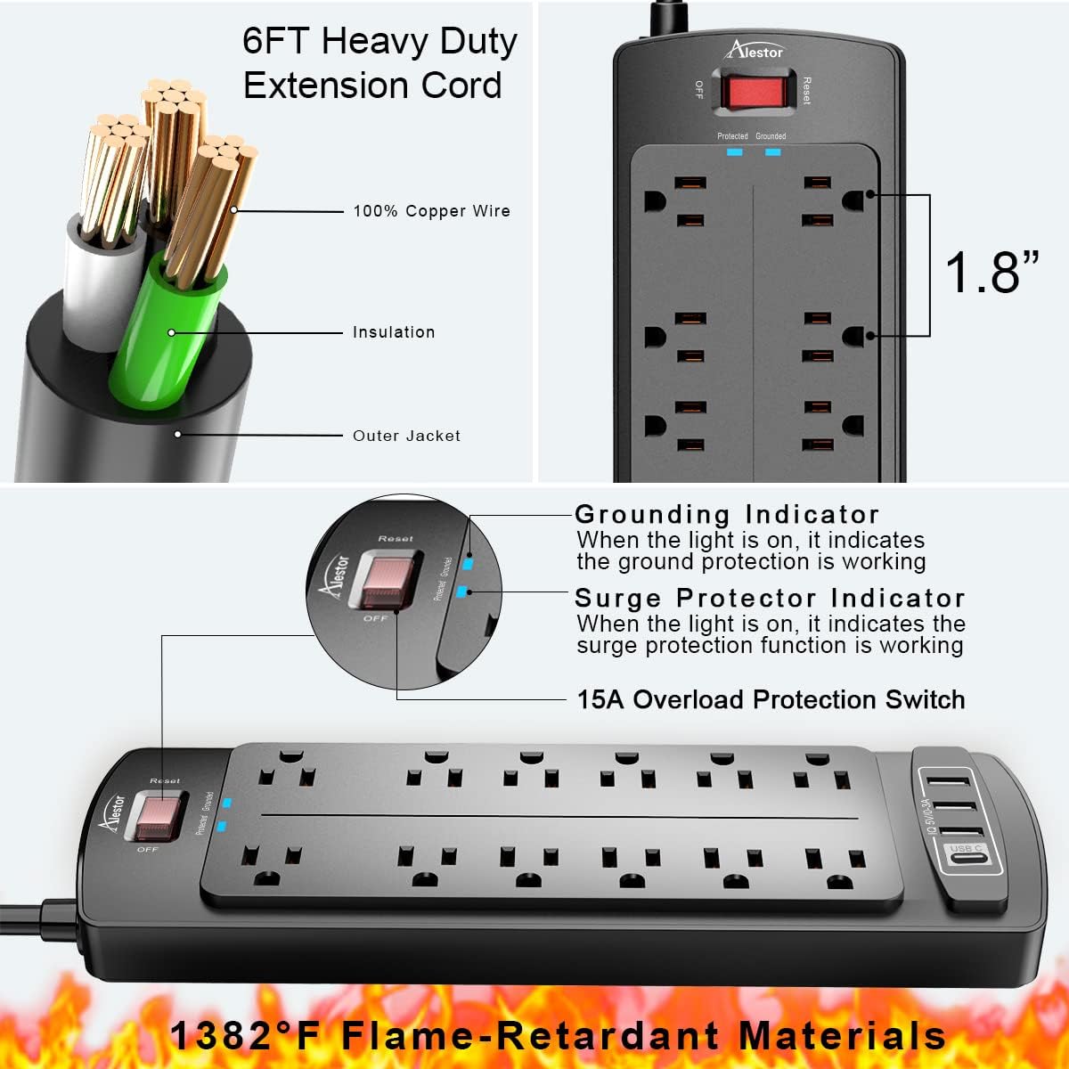 Alestor 12 4 6 (1875W/15A), 2700 Power Strip, Surge Protector with Outlets and USB Ports, Feet Extension Cord Joules