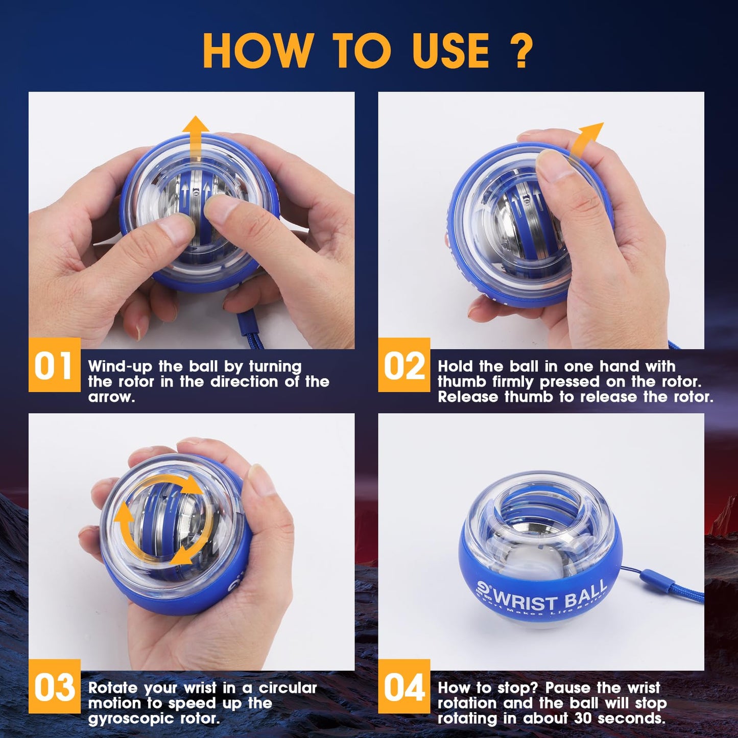 JIN BD Auto-Start Gyro Ball Wrist Trainer, Gyroscopic Forearm Exerciser for Strengthening Arms, Fingers and Muscles (Blue No Light)