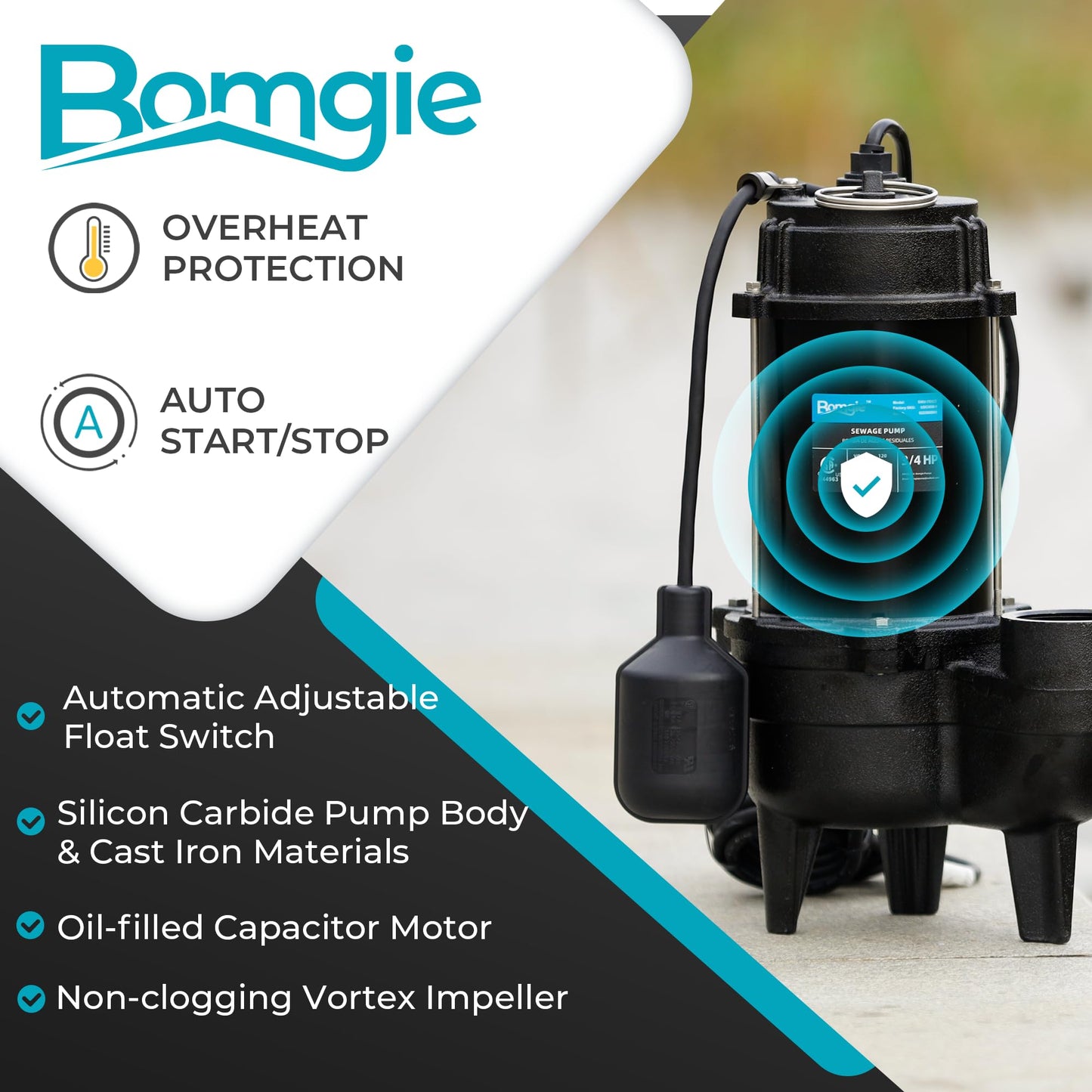 BOMGIE Sewage Pump, Cast Iron Effluent Pump, Automatic Tethered Float Switch, Sewage Sump Pump for Sump Basin, Basement, Residential Sewage, 2'' NPT Discharge, Dark