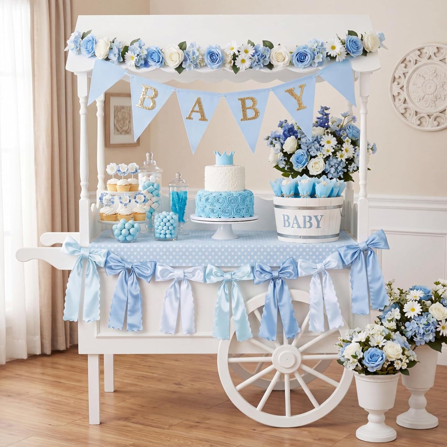 VitalCozy Blue Bow Garland - Pre-Strung Satin Ribbon Decor for Bridal Showers & Birthday Parties