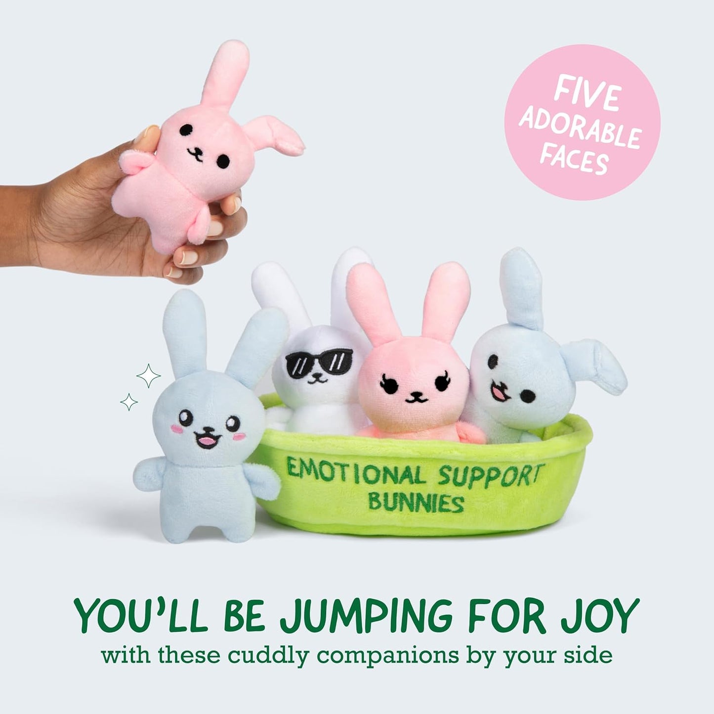 WHAT DO YOU MEME? Emotional Support Bunnies - Cuddly Plush Stuffed Animals for All Ages | Set of 5 with Basket