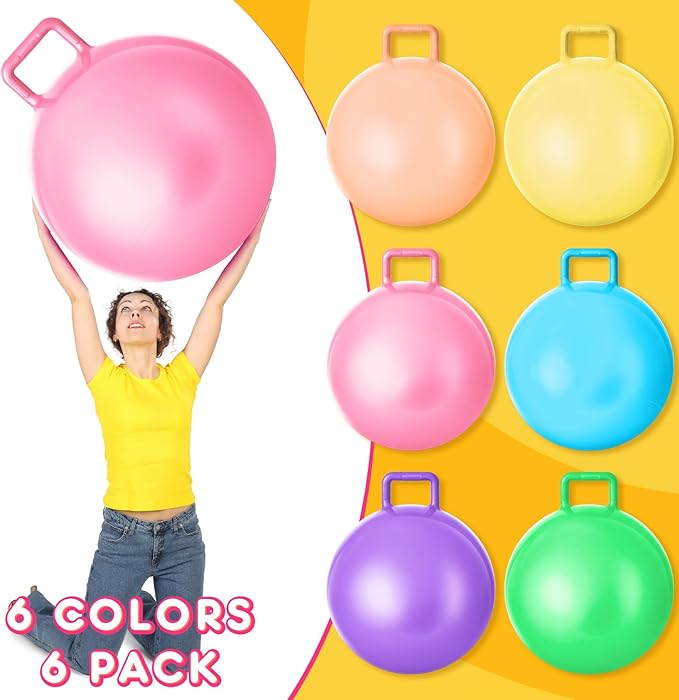 Lewtemi 6 Pcs Hopper Ball Carnival Outdoor Games 29 Inch Jumping Hopping Inflatable Ball Bouncing Ball with Handle and Air Pump for Adults Sport Exercise (Light Colors)
