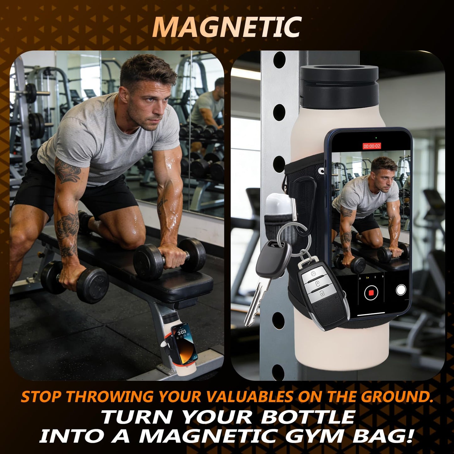 CNAIDUNR Magnetic Gym Water Bottle Bag（Max 32OZ） & Holder with Magnetic Phone Pocket, Keys & Bluetooth Earphone Storage, Gym Accessories Organizer with Card & Cash Pocket (Black)
