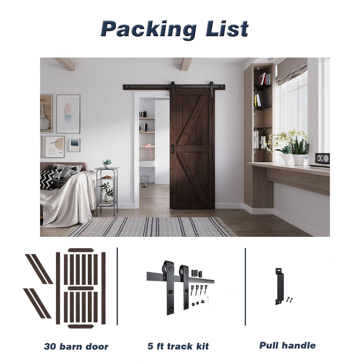 FREDBECK 30in x 80in Brown Barn Door with 5ft (60inch) Barn Door Hardware Track Kit and Handle Included, Double Surfaces,Simple Assembly is Required,K-Frame,Coffee