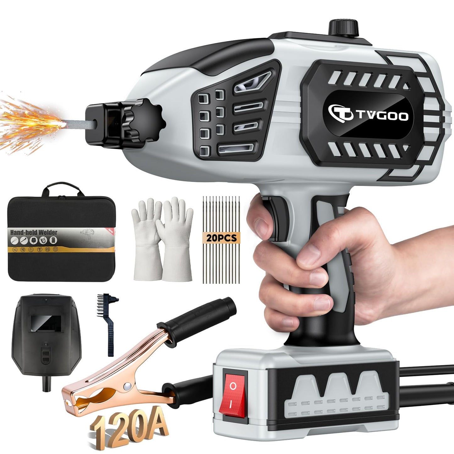 Tvgoo Portable Handheld Welding Machine - 110V IGBT Inverter Handheld Welder, 20-120A ARC Adjustable Current, Hot Start & Anti-Stick for 3/32"-1/8" Welding Rods(Grey)