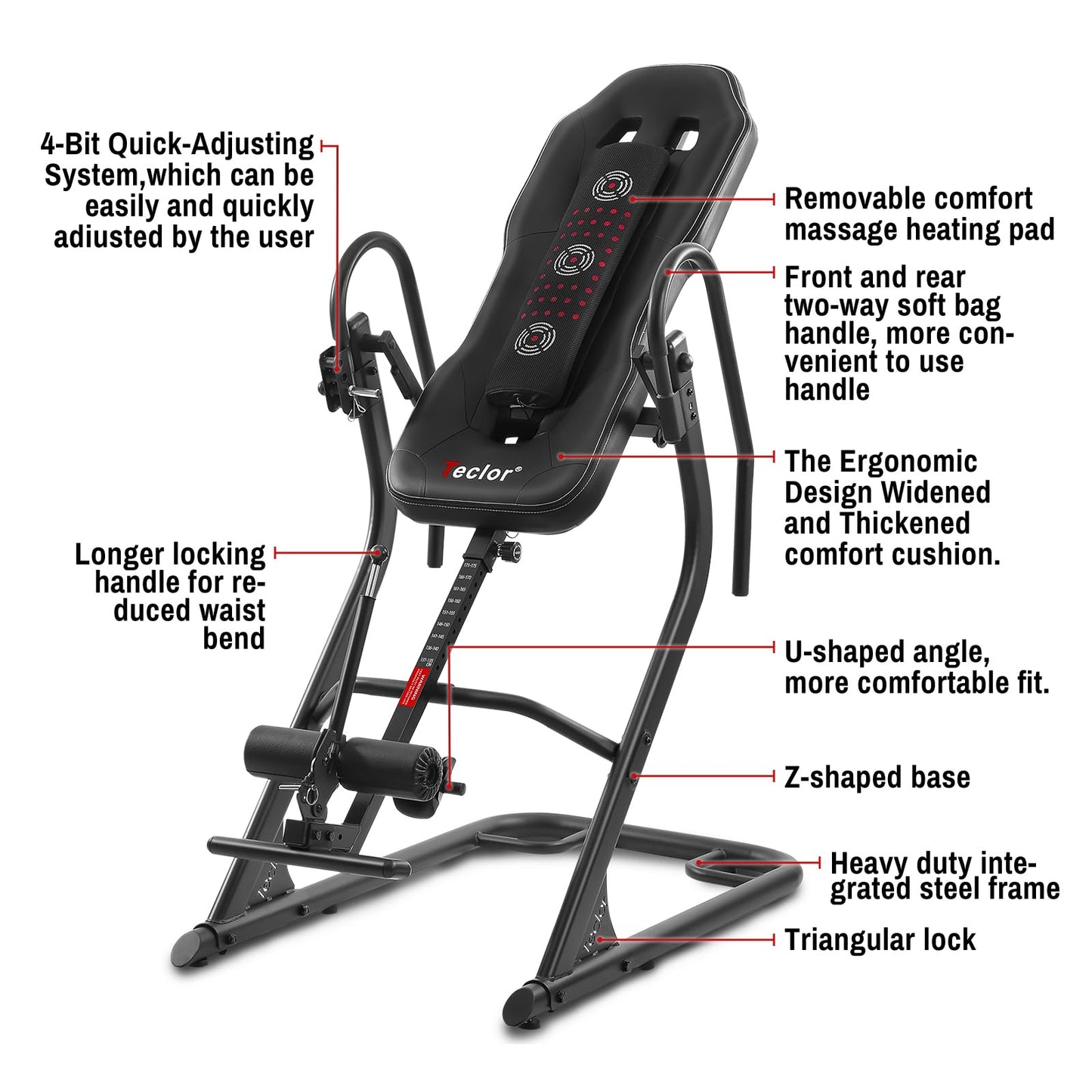 Teclor Inversion Table,Advanced Heat and Massage Function,Strength Training Inversion Table for Back Pain Relief,350 lbs Capacity with Thickened 3D Memory Foam backrest,Black