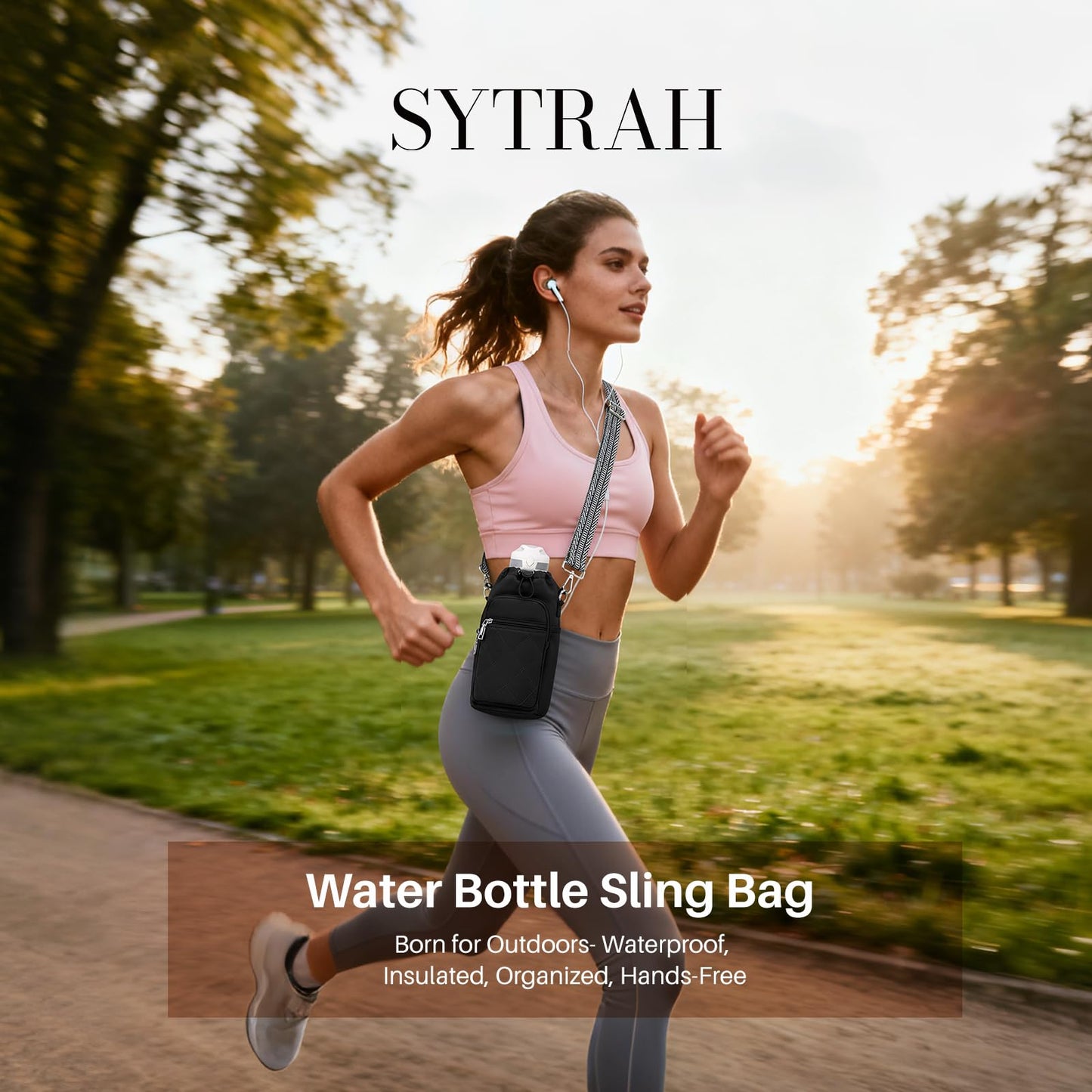 SYTRAH Water Bottle Carrier Bag with Strap, Water Bottle Purse with Phone Pocket 40oz, Insulated Crossbody Bags for Walking Hiking Black