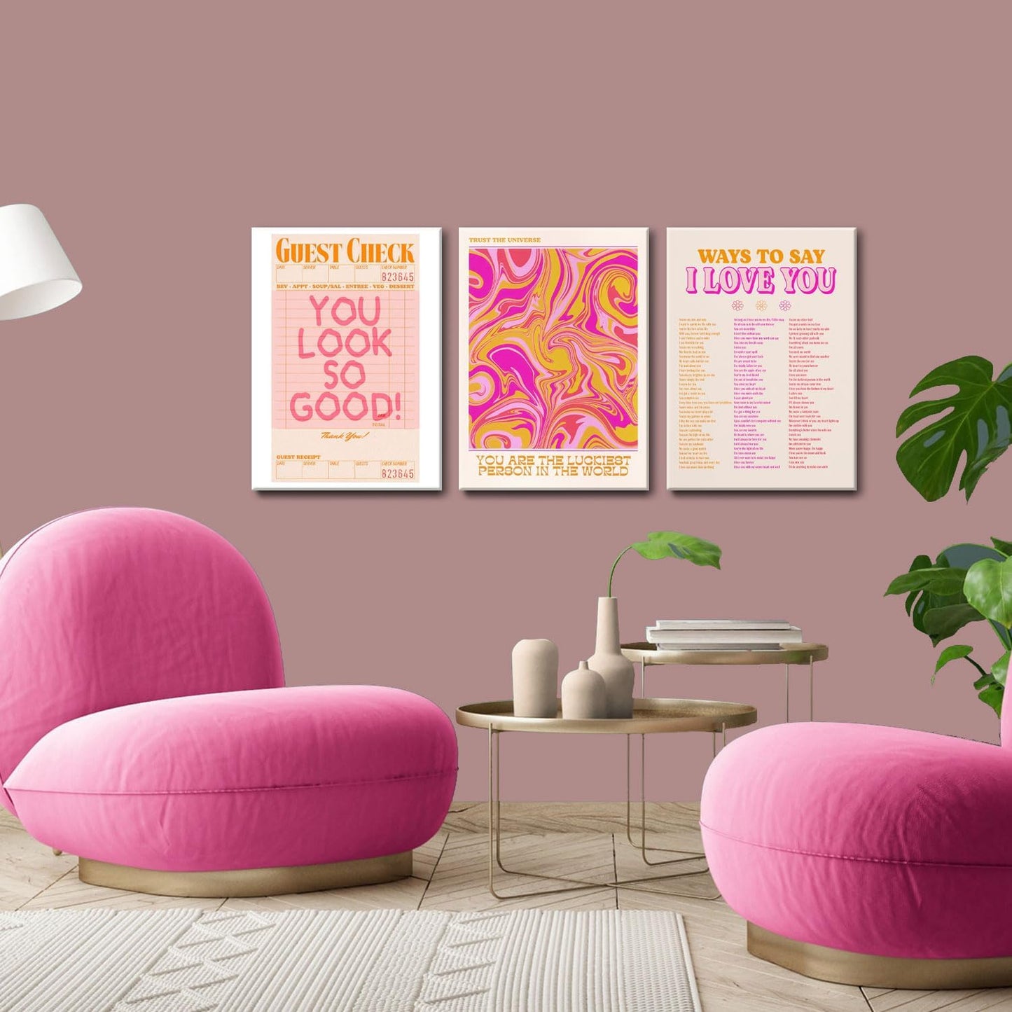 Pink Wall Decor - Canvas Art Set of 3 | Abstract Love Posters | Unique Framed Room Decor for Teens - 12x16''