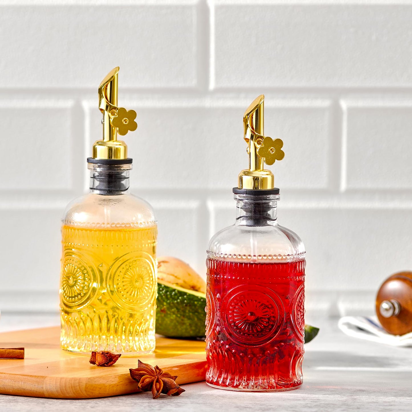 MUVEKA Olive Oil Dispenser Bottle for Kitchen, 7 oz/ 200 ml Cooking Oil Dispenser, Oil and Vinegar Dispenser Bottle Set, Glass Oil Containers with Weighted Pourer Spouts, Oak Corks