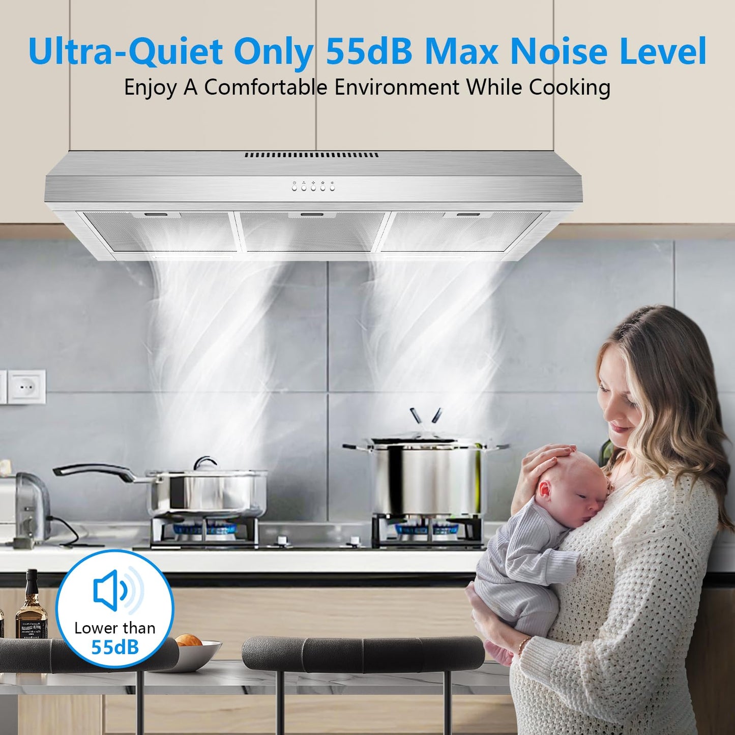 Upgraded 600 CFM Range Hood 36 Inch, Under Cabinet Range Hood for Duct/Ductless Convertible, Stainless Steel Kitchen Stove Vent with 3 Speed Kitchen Exhaust Fan and Two Bright Energy-Saving LED Light