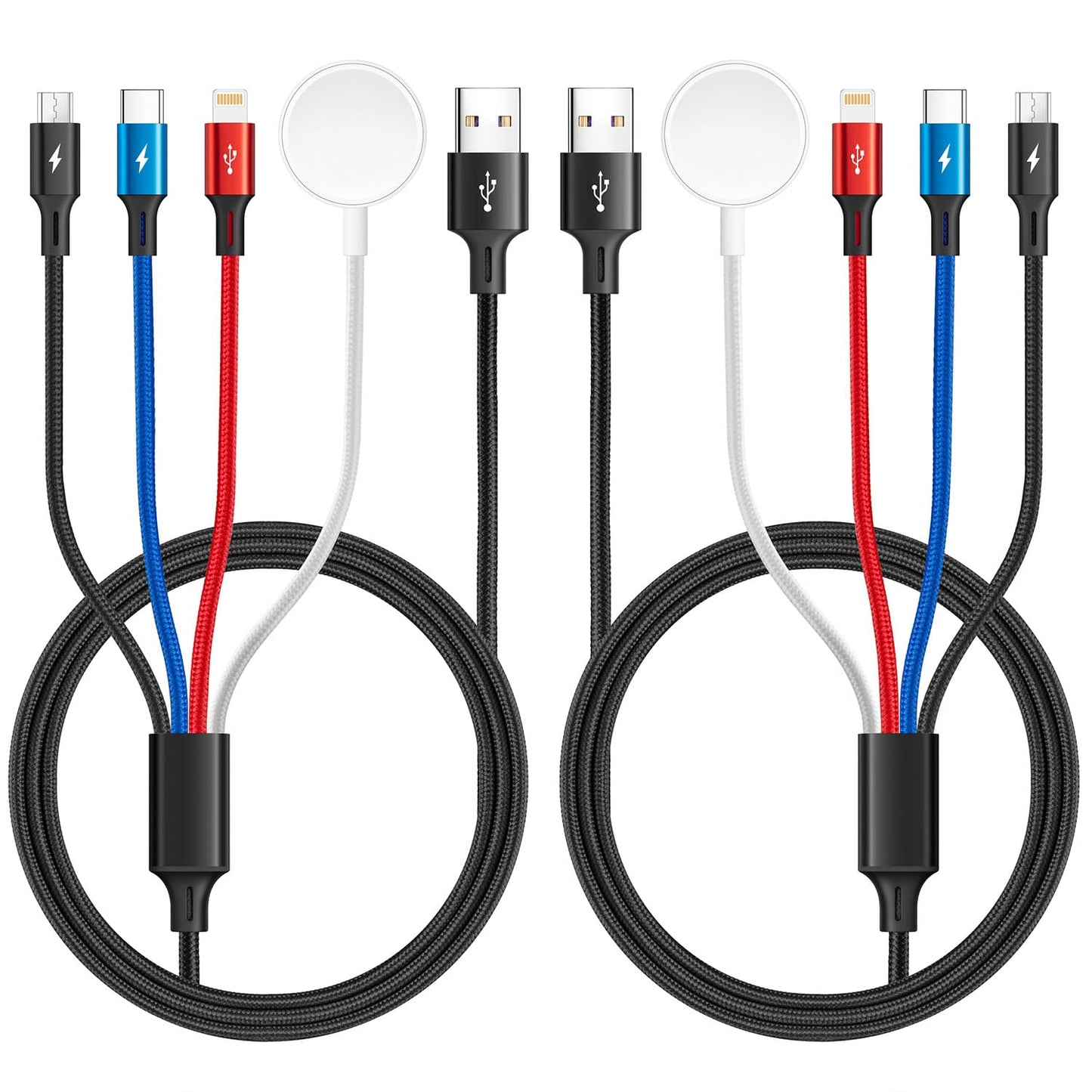9-1/iPhone 15 14/Galaxy (2, Black-2Pack, 6Ft) Multi Charging Cable Nylon Braided USB C/Lightning/Micro Port Compatible
