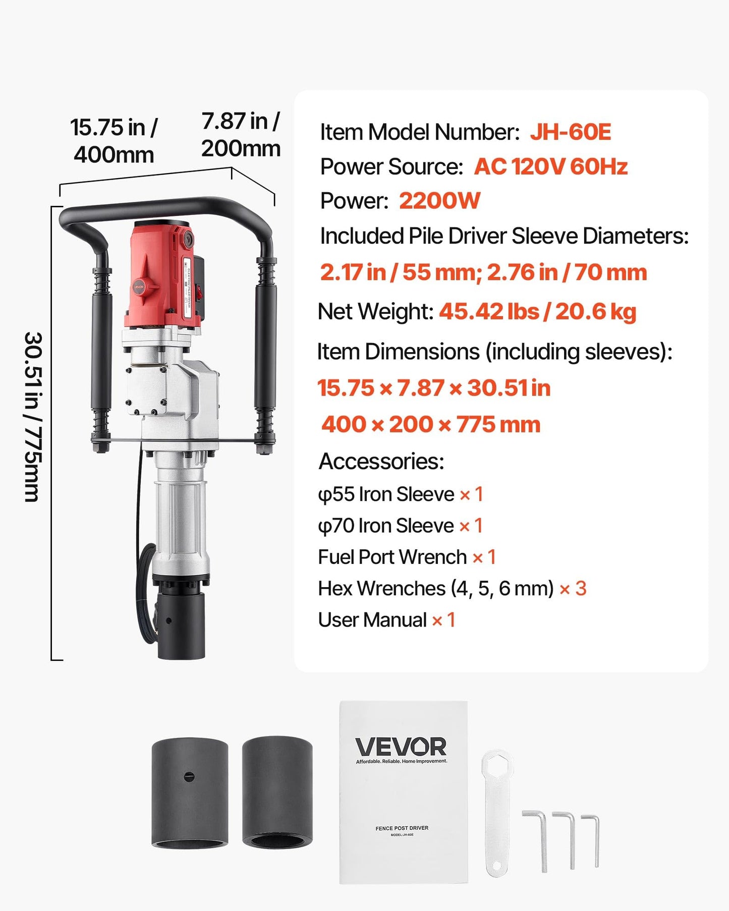 VEVOR Electric T Post Driver, 2200W Handheld Powerful Post Pounder, with 2.17 in/55mm, 2.76 in/70mm Sleeves, for Fence, Metal Fencing, Farm, Garden, Construction, Landscaping Projects