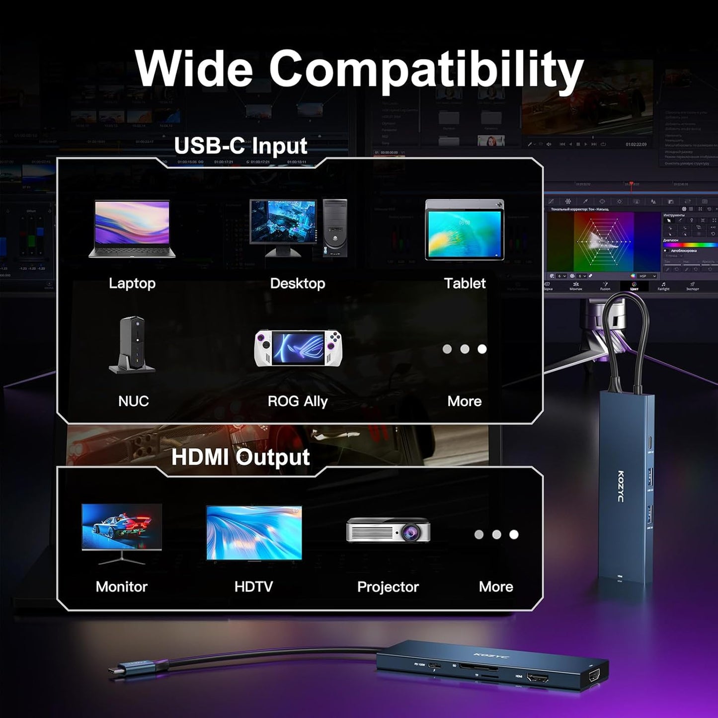 KOZYC 4K@60Hz, 8-in-1 2 3.0, 2xUSB-A 3.0, 100W USB C Docking Station Dual HDMI USB C Hub HDMI, USBC SD/TF, PD, Laptop