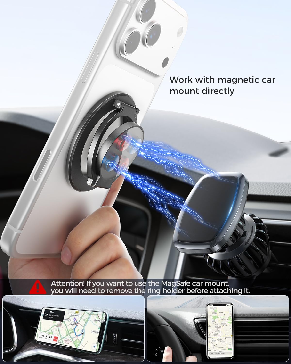 SUPERONE Magnetic Ring Holder for MagSafe Dual-Side Magnetics, Removable Gym Phone Grip with Kickstand for iPhone 17/16/15/14/13/12/ Series MagSafe Case All Phones Compatible with Magnetic Car Mount