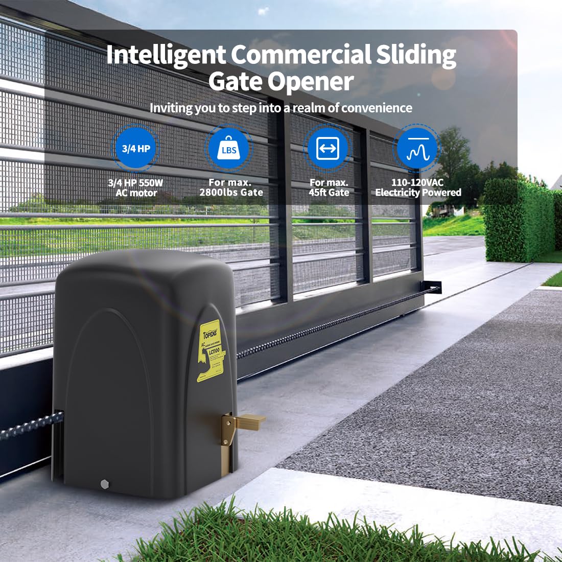 TOPENS LC1100 Automatic Commercial Sliding Gate Opener, Chain Drive Gate Operator for Heavy Driveway Sliding Gate Up to 2800 Pounds, AC Powered with 20ft Roller Chain, 2 Remote Control, Photocell