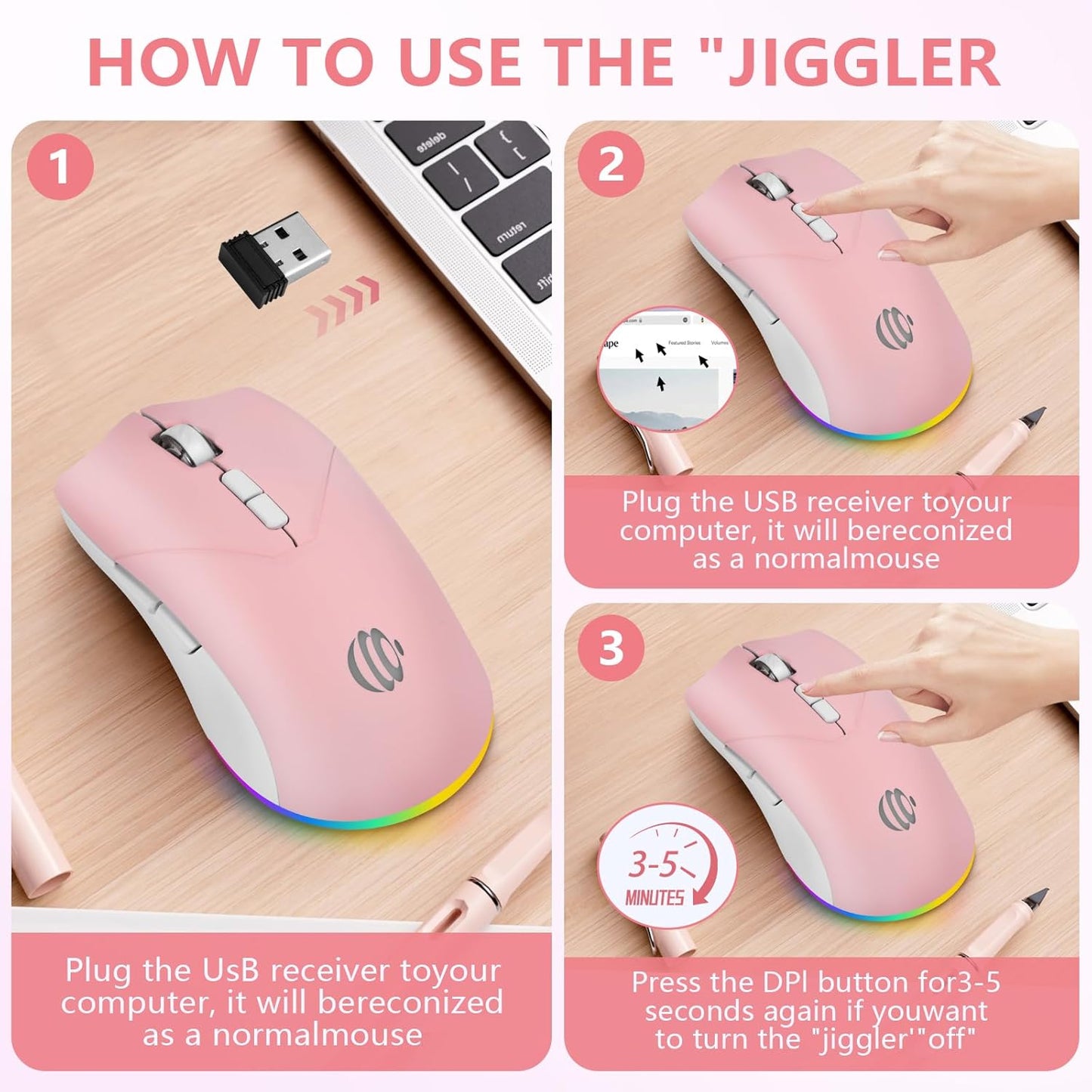 mobiproduct 3 5.2 2.4G) Wireless Bluetooth Mouse, Rechargeable USB Optical Mouse, Adjustable DPI, LED Silent Dual