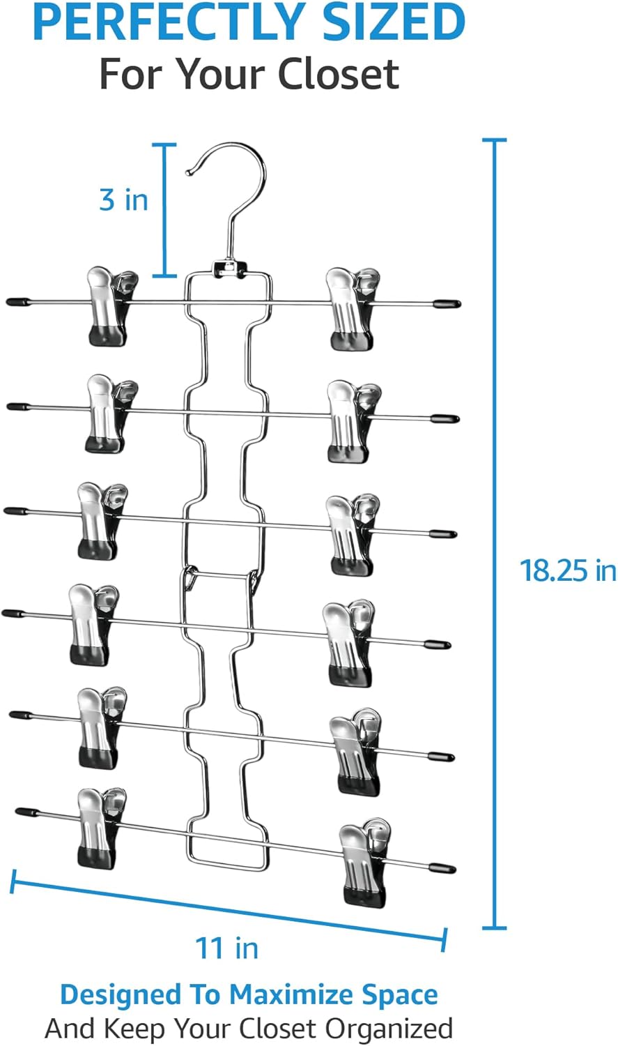 ZOBER 3-Pack Skirt Hangers with Clips - Space-Saving Closet Organizer with Swivel Hooks