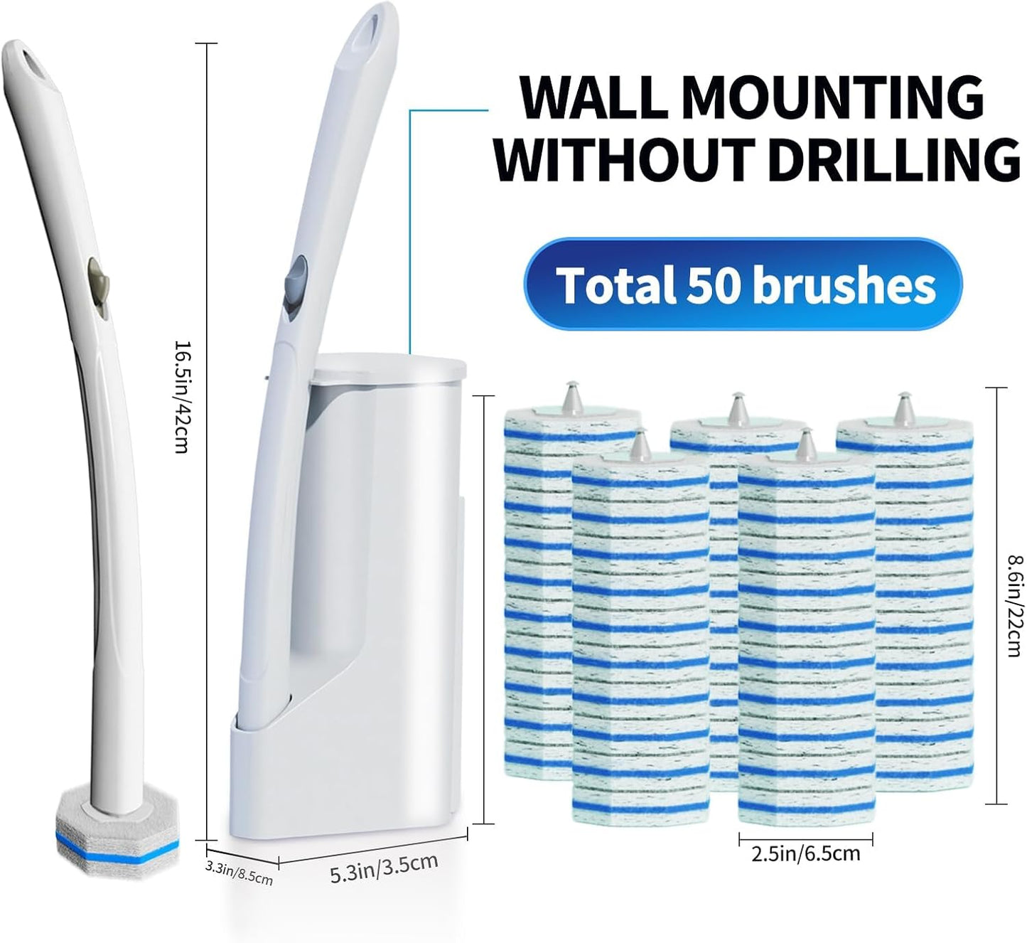 Skiennix Disposable Toilet Brush System - 50 Refill Pads & Wall-Mounted Holder | Bathroom Cleaning Kit