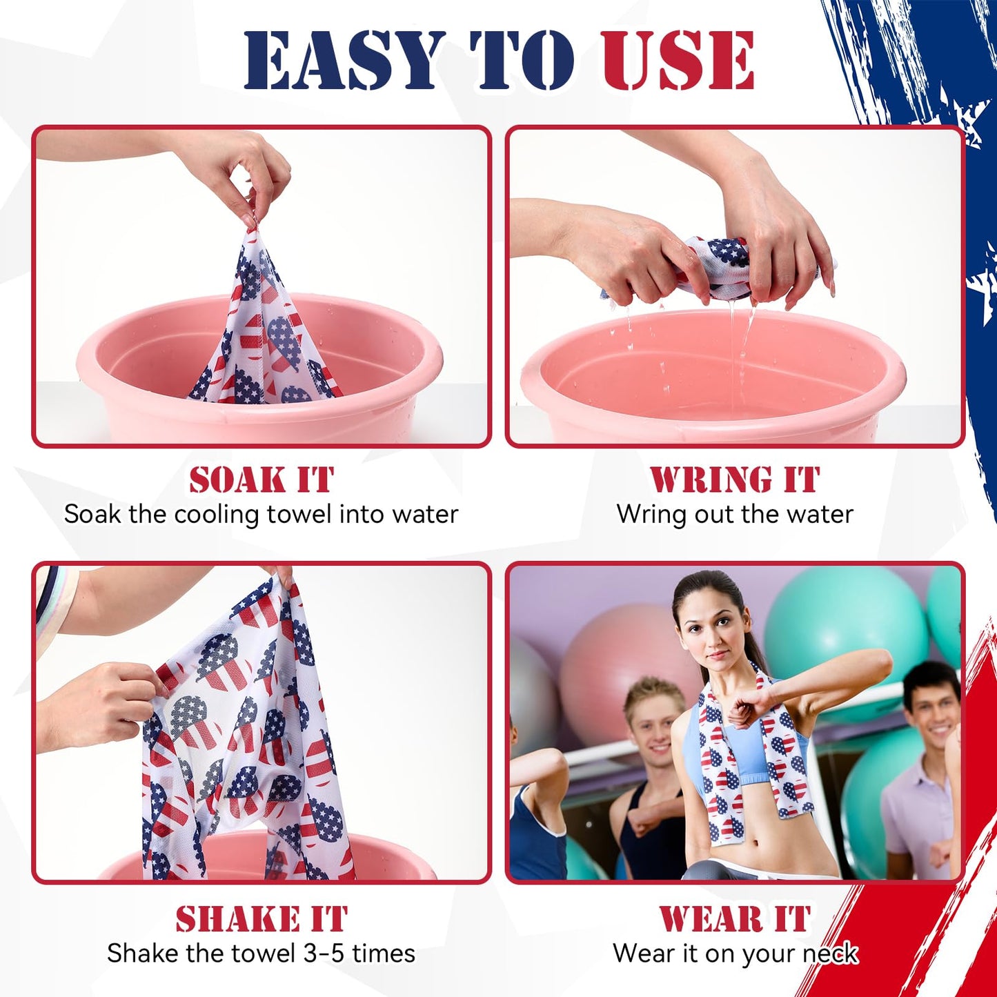 24 Pack Patriotic Cooling Towel Bulk with American Flag 40" x 12" 4th of July Neck Cooling Towel Sweat Rags Soft Breathable Chilly Neck Wraps for Face Outdoor Sport Running Yoga Baseball Golf